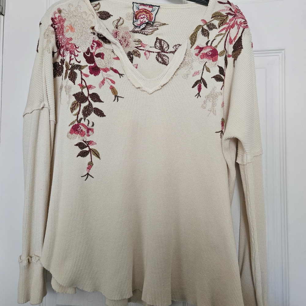 Johnny Was Cream Floral Embroidered Top